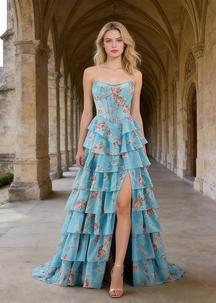 Tara Strapless Blue and Pink Floral Prom Dress | A - Line Corset Tiered Ruffle Formal Dress with Slit - Blue and Pink Floral - PromDressClub
