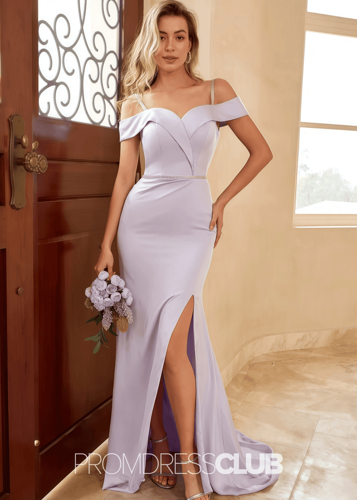 Tess | Mermaid Beading Lavender Satin Long Bridesmaid Dress with Split - Price #price_variant_lowest# - Lavender - PromDressClub