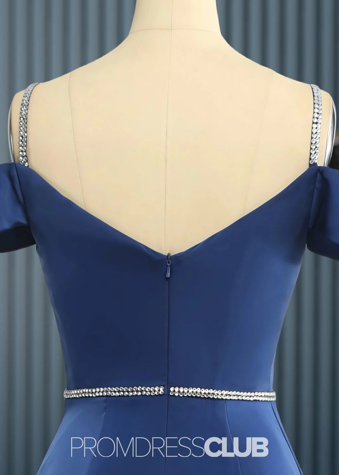 Tess | Mermaid Beading Lavender Satin Long Bridesmaid Dress with Split - Price #price_variant_lowest# - Navy Blue - PromDressClub