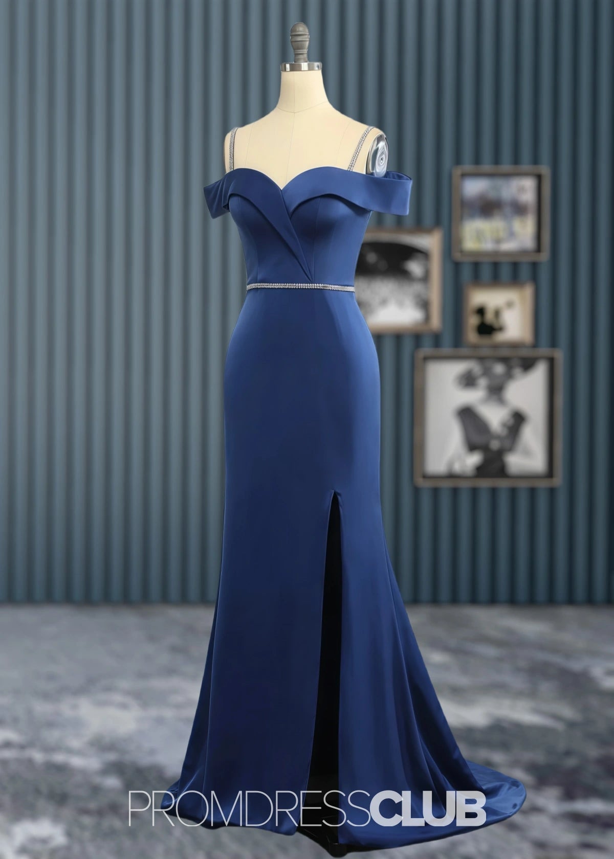 Tess | Mermaid Beading Lavender Satin Long Bridesmaid Dress with Split - Navy Blue - PROMDRESS Club