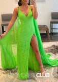 Thera |Forest Green Prom Dress Long Mermaid With V Neck Sequin Slit - Green - PromDressClub