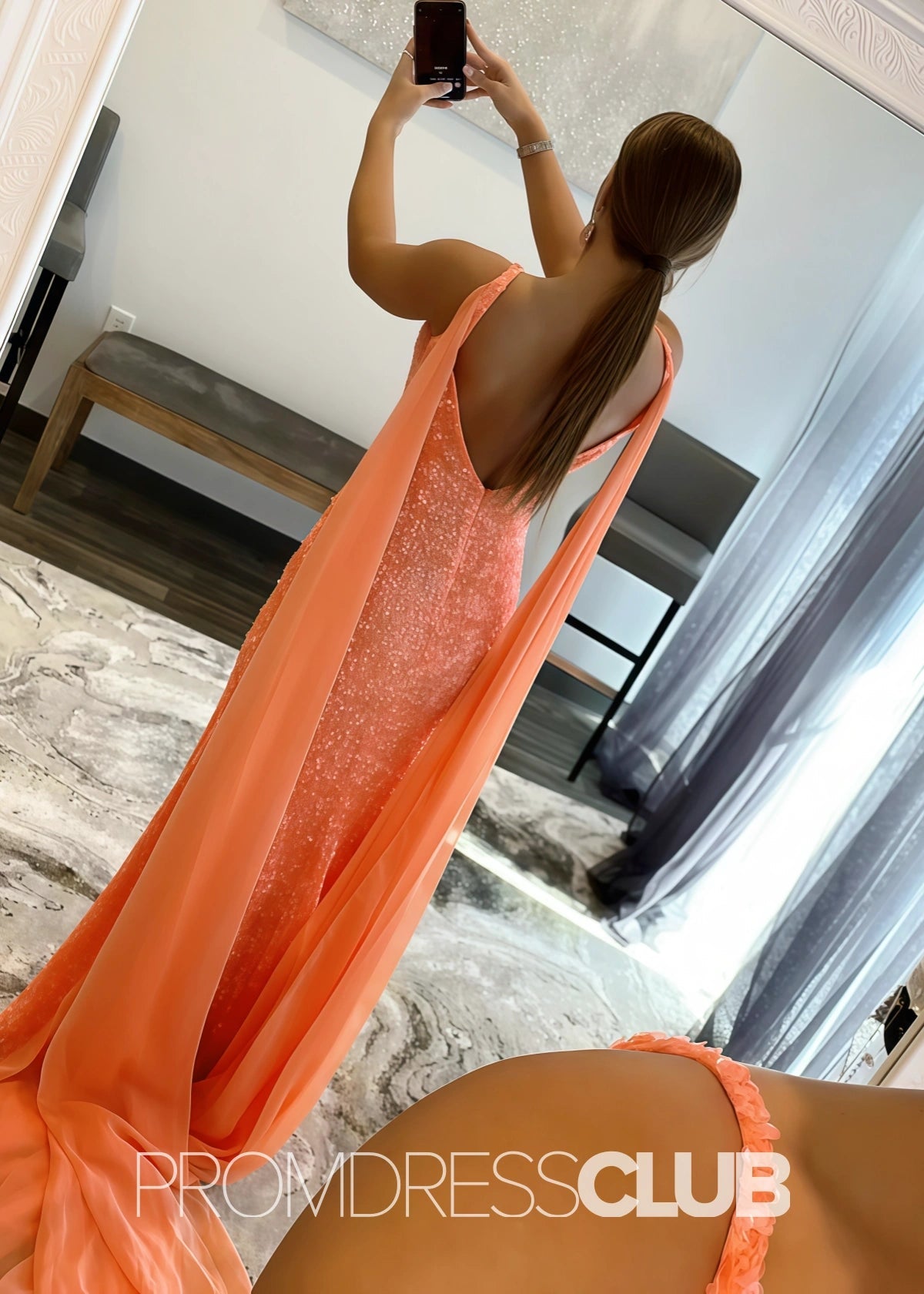 Thera |Forest Green Prom Dress Long Mermaid With V Neck Sequin Slit - Orange - PromDressClub