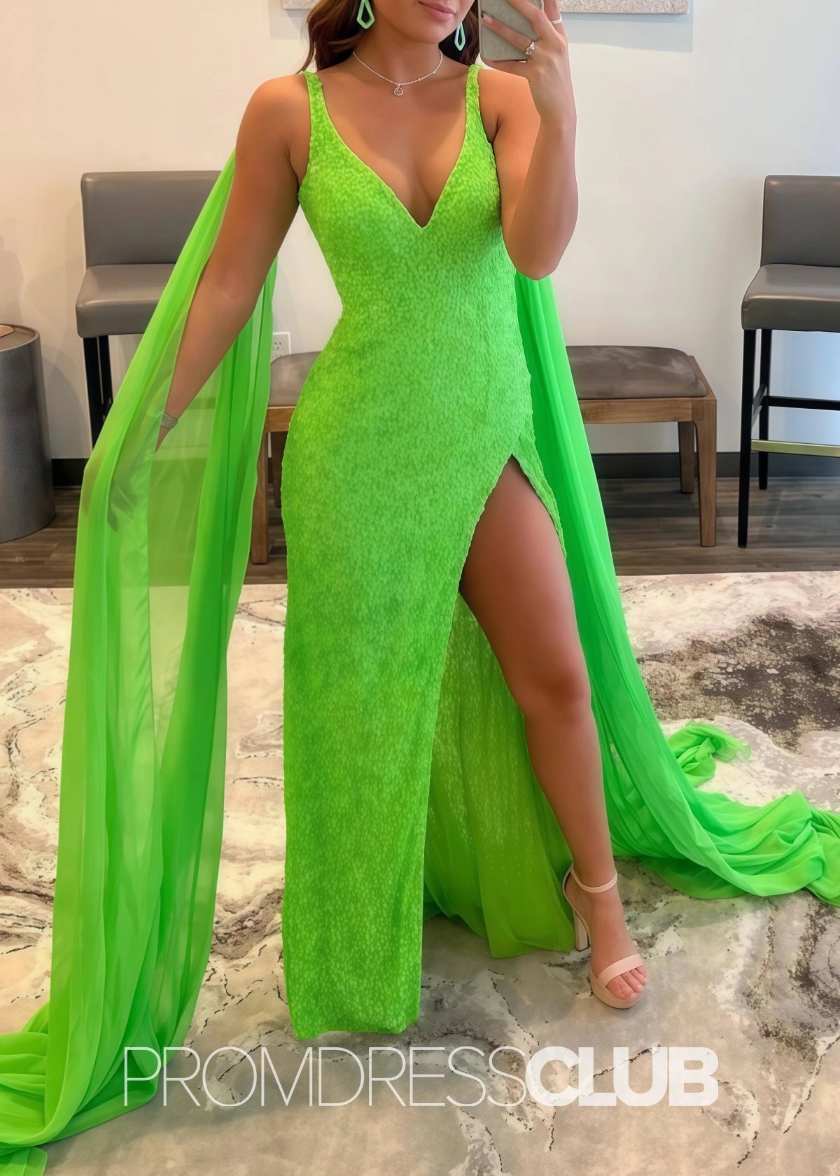 Thera |Forest Green Prom Dress Long Mermaid With V Neck Sequin Slit - Green - PromDressClub