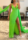 Thera |Forest Green Prom Dress Long Mermaid With V Neck Sequin Slit - Green - PromDressClub