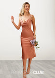 Thera | Sheath Column Slip Rose Satin Midi Bridesmaid Dress with Spaghetti Straps - Rose Gold - PROMDRESS Club