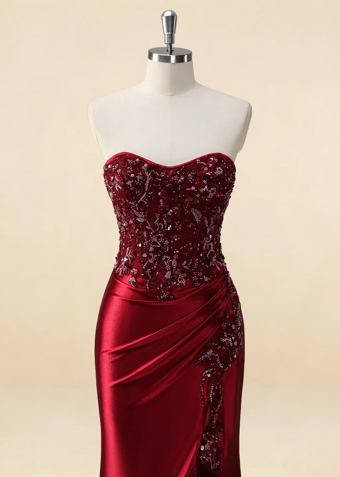 Thora Burgundy Strapless Mermaid Prom Dress | Sequin Corset Pleated Cocktail Dress with Slit - Burgundy - PromDressClub