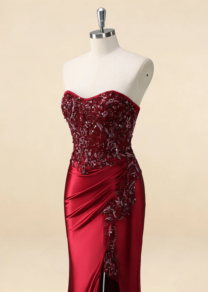 Thora Burgundy Strapless Mermaid Prom Dress | Sequin Corset Pleated Cocktail Dress with Slit - Burgundy - PromDressClub