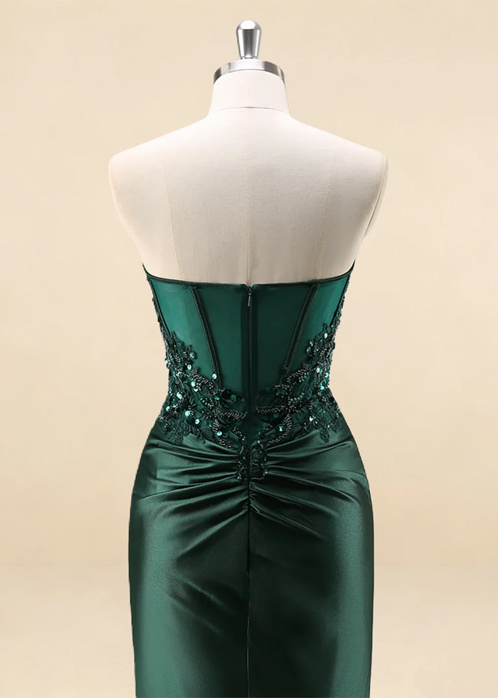 Thora Dark Green Strapless Mermaid Prom Dress | Sequin Corset Pleated Cocktail Dress with Slit - Dark Green - PromDressClub
