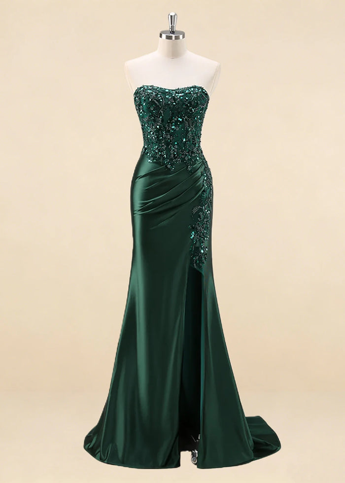 Thora Dark Green Strapless Mermaid Prom Dress | Sequin Corset Pleated Cocktail Dress with Slit - Dark Green - PromDressClub