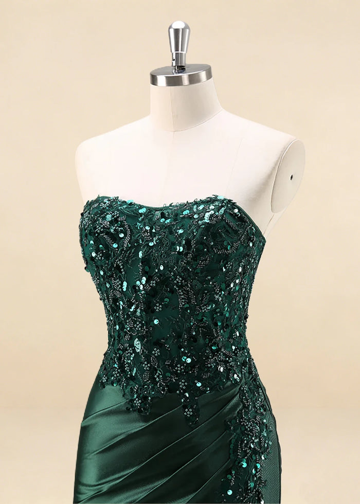 Thora Dark Green Strapless Mermaid Prom Dress | Sequin Corset Pleated Cocktail Dress with Slit - Dark Green - PromDressClub