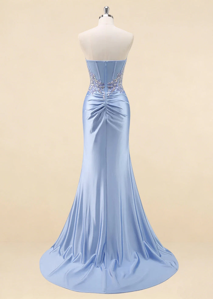 Thora Light Blue Strapless Mermaid Prom Dress | Sequin Corset Pleated Cocktail Dress with Slit - Light Blue - PromDressClub