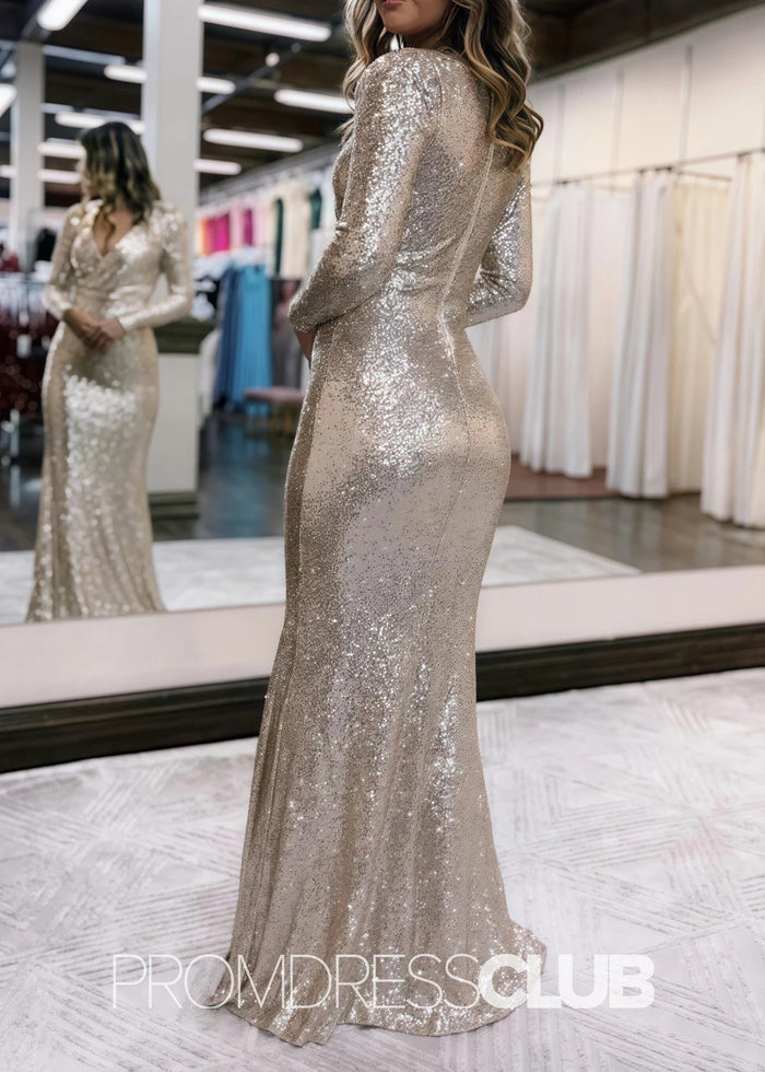 Tracy |Prom Dresses Silver Long Sleeves Mermaid Elegant Sheath V - Neck Sequins - Price #price_variant_lowest# - Silver - PromDressClub