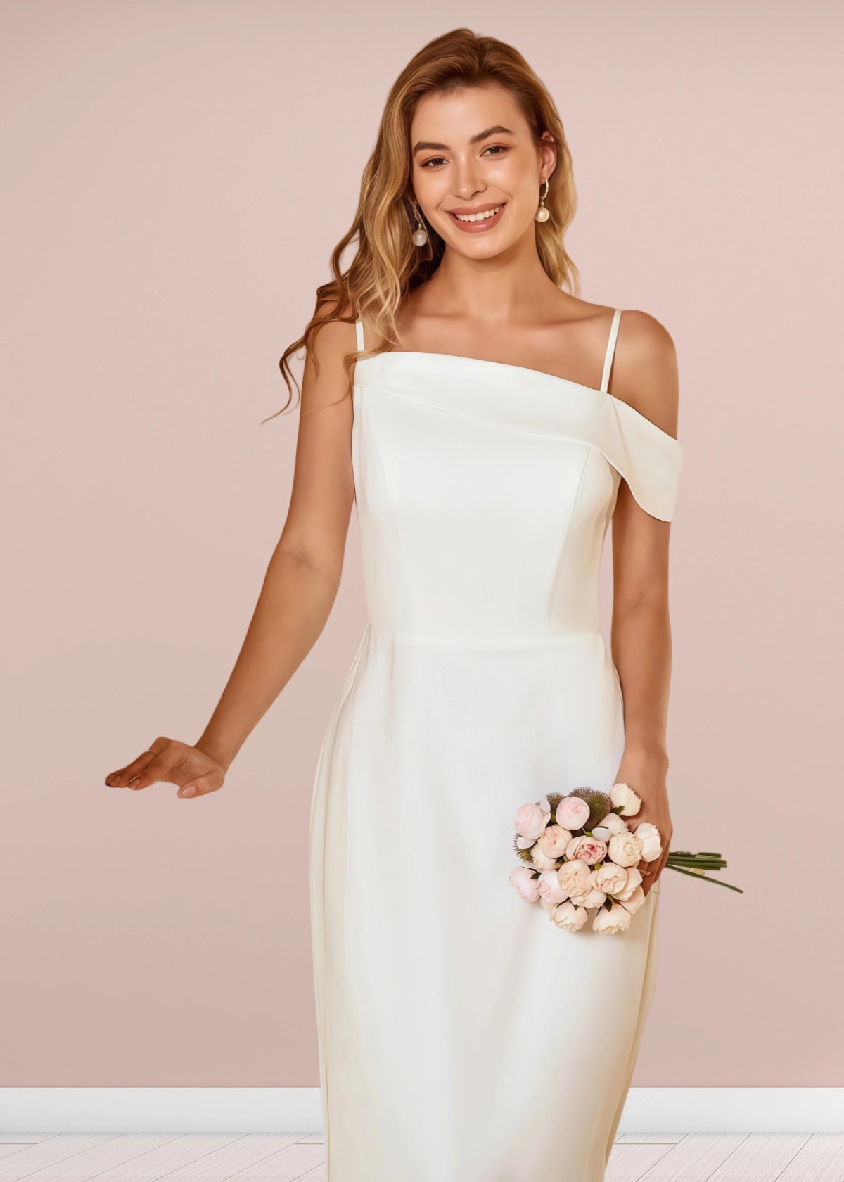 Tracy | Sheath Column Asymmetric White Satin Long Bridesmaid Dress - White - PROMDRESS Club