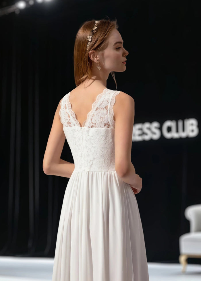 Trista | A Line Lace Embroider White Chiffon Long Wedding Guest Dress - Price #price_variant_lowest# - White - PromDressClub