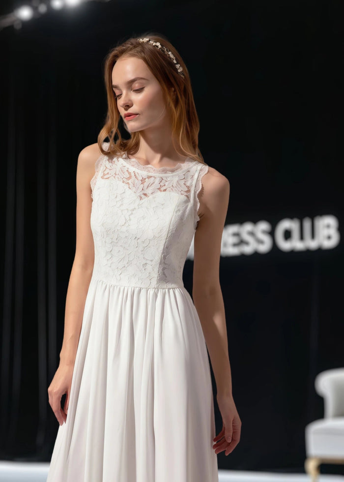 Trista | A Line Lace Embroider White Chiffon Long Wedding Guest Dress - Price #price_variant_lowest# - White - PromDressClub