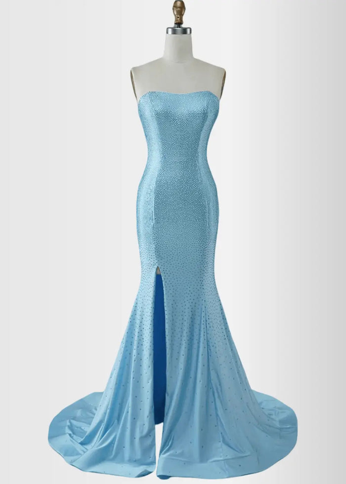 Joanne | Light Blue Mermaid Strapless Sequin Prom Dress with Slit - Light Blue - PromDressClub