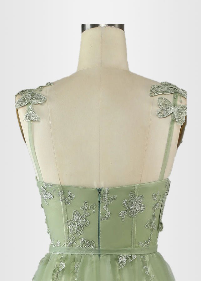 Hermosa | Green Prom Dresses Long A Line Long Tulle Corset with 3D Butterflies - Sage Green - PromDressClub