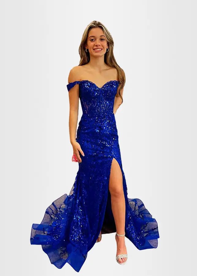 Hilary | Fuchsia Prom Dress Long Mermaid Off the Shoulder Sequins Corset with Slit - Royal Blue - PromDressClub