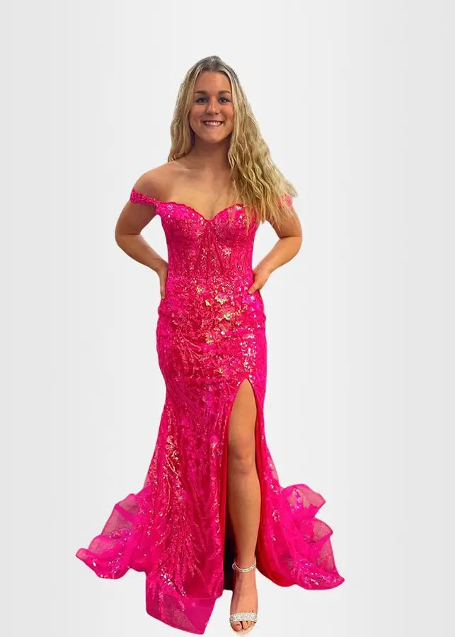 Hilary | Fuchsia Prom Dress Long Mermaid Off the Shoulder Sequins Corset with Slit - Fuchsia - PromDressClub