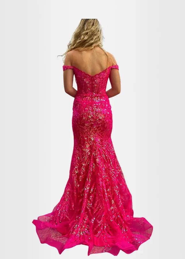 Hilary |Trumpet/Mermaid Off the Shoulder Fuchsia Sequins Long Slit Prom Dress with Corset - Fuchsia - US0 - PromDressClub