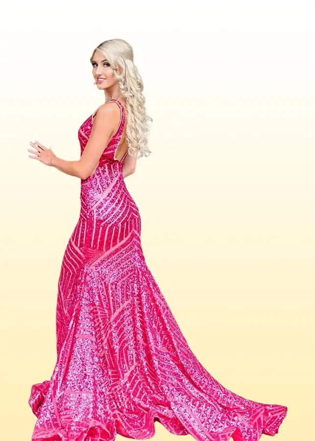 Hilda |Trumpet/Mermaid Royal Blue V - Neck Sweep Train Sequin Long Prom Dress With Sequins - Pink - US0 - PromDressClub