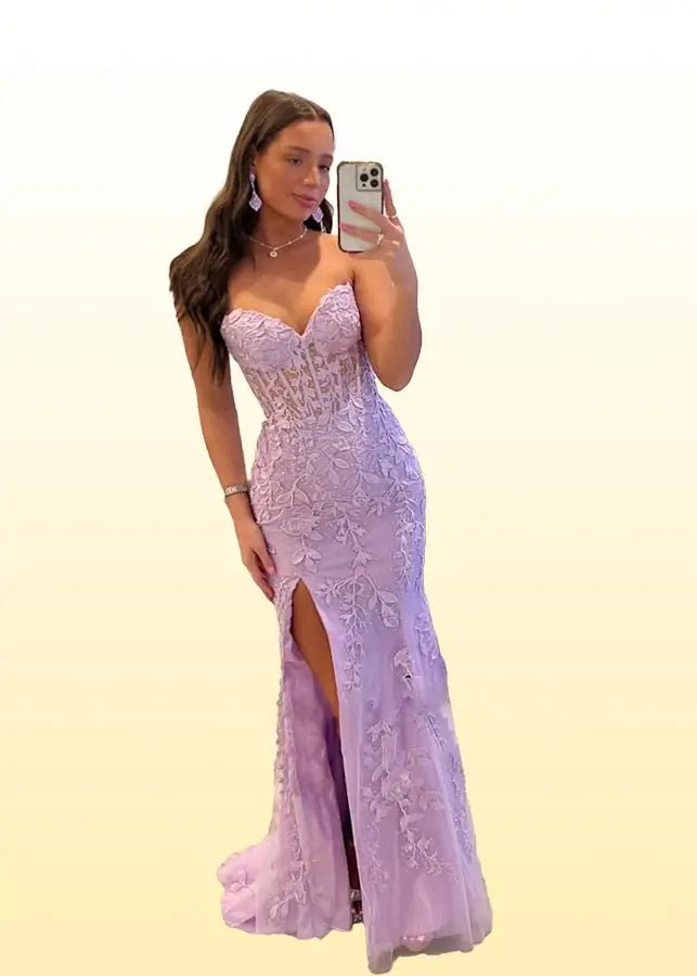 Frederica |Trumpet/Mermaid Strapless Royal Blue Lace Corset Long Prom Dress with Slit - Lilac - US0 - PromDressClub