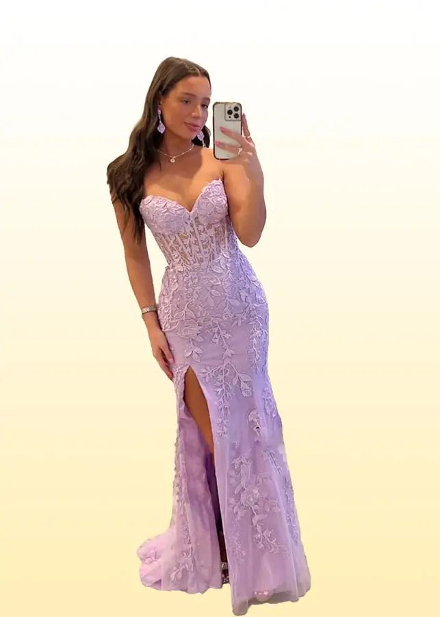 Edwina | Royal Blue Prom Dresses Long Mermaid Strapless Lace Corset with Slit - Lilac - PromDressClub
