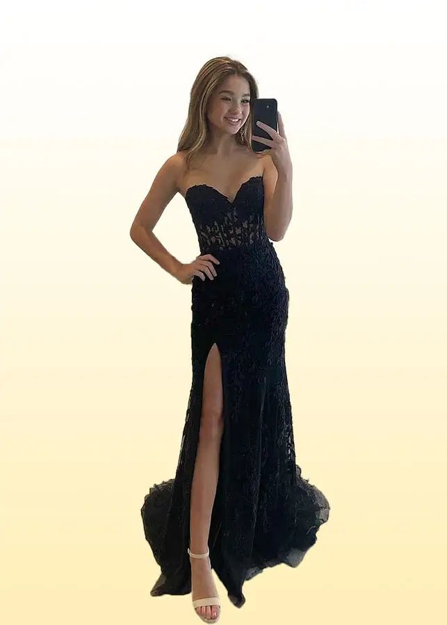 Frederica |Trumpet/Mermaid Strapless Royal Blue Lace Corset Long Prom Dress with Slit - Black - US0 - PromDressClub