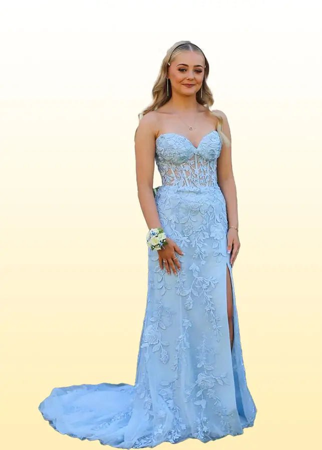 Frederica |Trumpet/Mermaid Strapless Royal Blue Lace Corset Long Prom Dress with Slit - Light Blue - US0 - PromDressClub