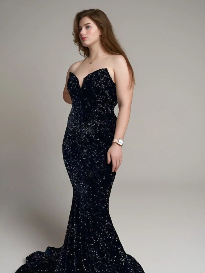 Frances | Burgundy Mermaid Sequin Corset Backless Prom Dress with Train - Black - PromDressClub