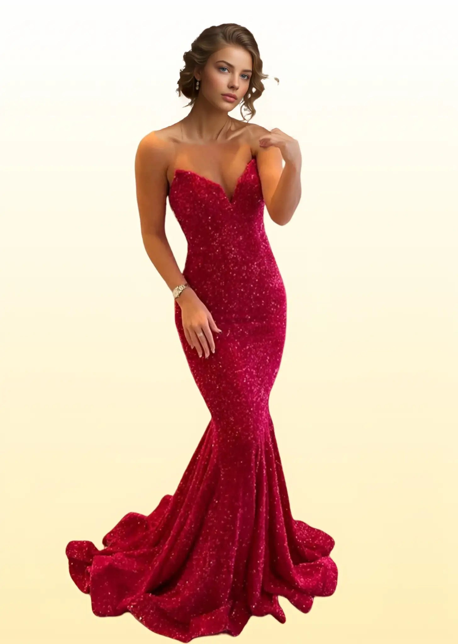 Frances | Burgundy Mermaid Sequin Corset Backless Prom Dress with Train - Red - PromDressClub