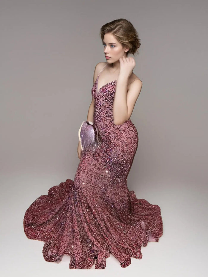 Frances | Burgundy Mermaid Sequin Corset Backless Prom Dress with Train - Pink - PromDressClub