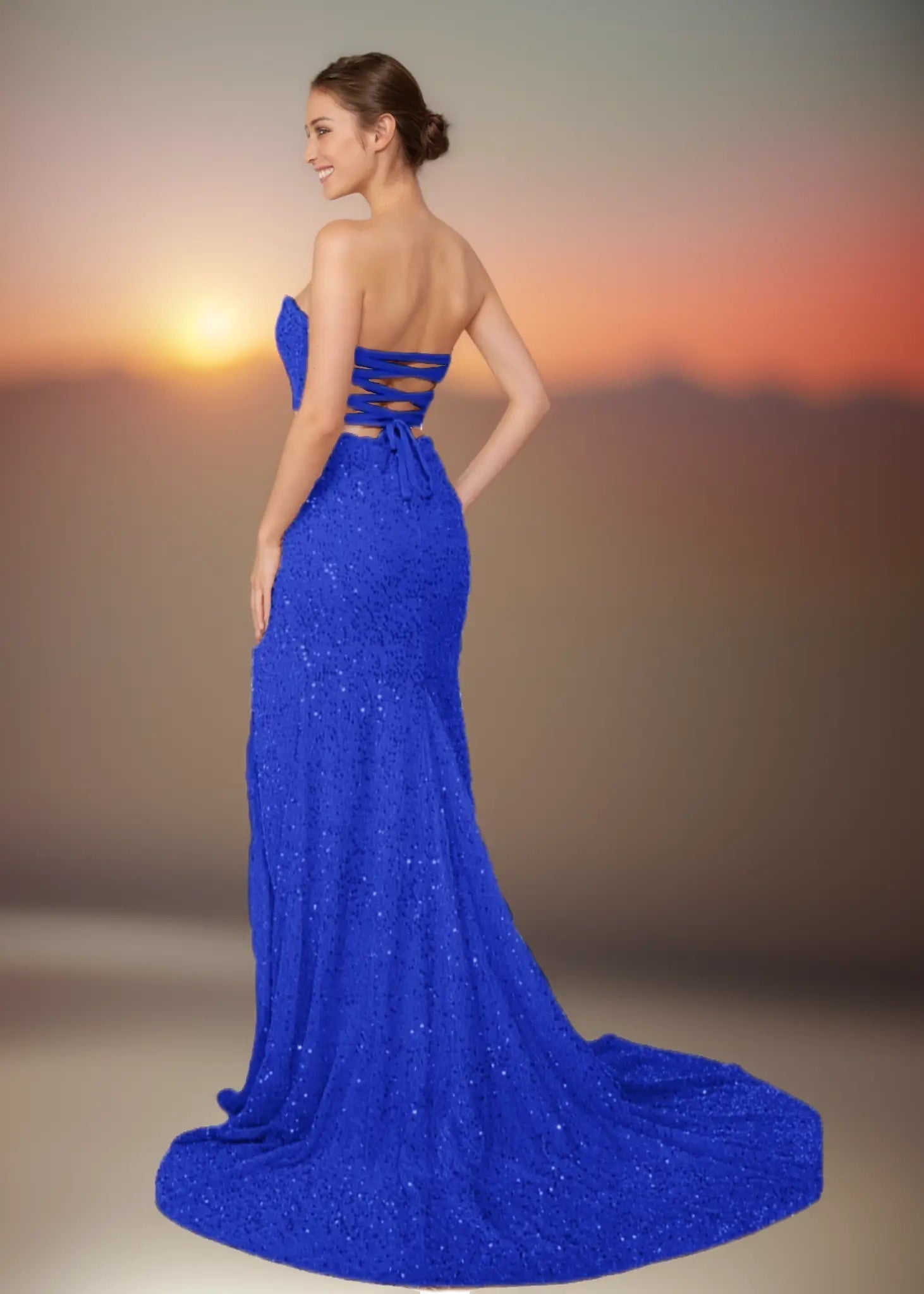 Wallis |Trumpet/Mermaid Sweetheart Neckline Lace - up Back Front Slit Long Pink Prom Dress With Sequins - Royal Blue - US0 - PromDressClub