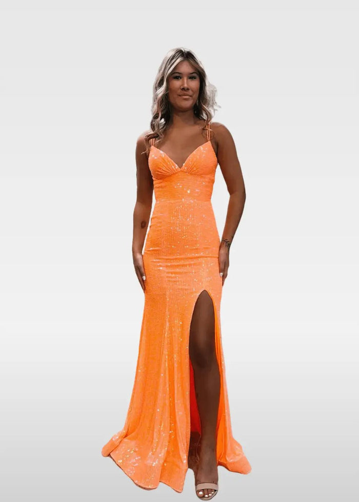 Elvira | Ivory and Orange Mermaid V Neck Prom Dress Royal Blue Sequin with Slit - Orange - PromDressClub