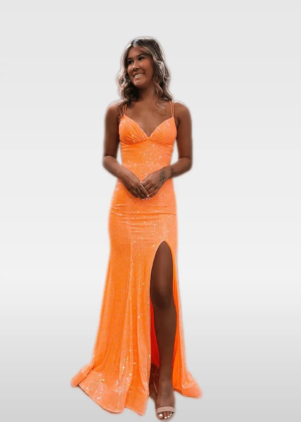 Elvira |Trumpet/Mermaid V - Neck Spaghetti Straps Ivory Sequins Long Prom Dress with Split Front - Orange - US0 - PromDressClub