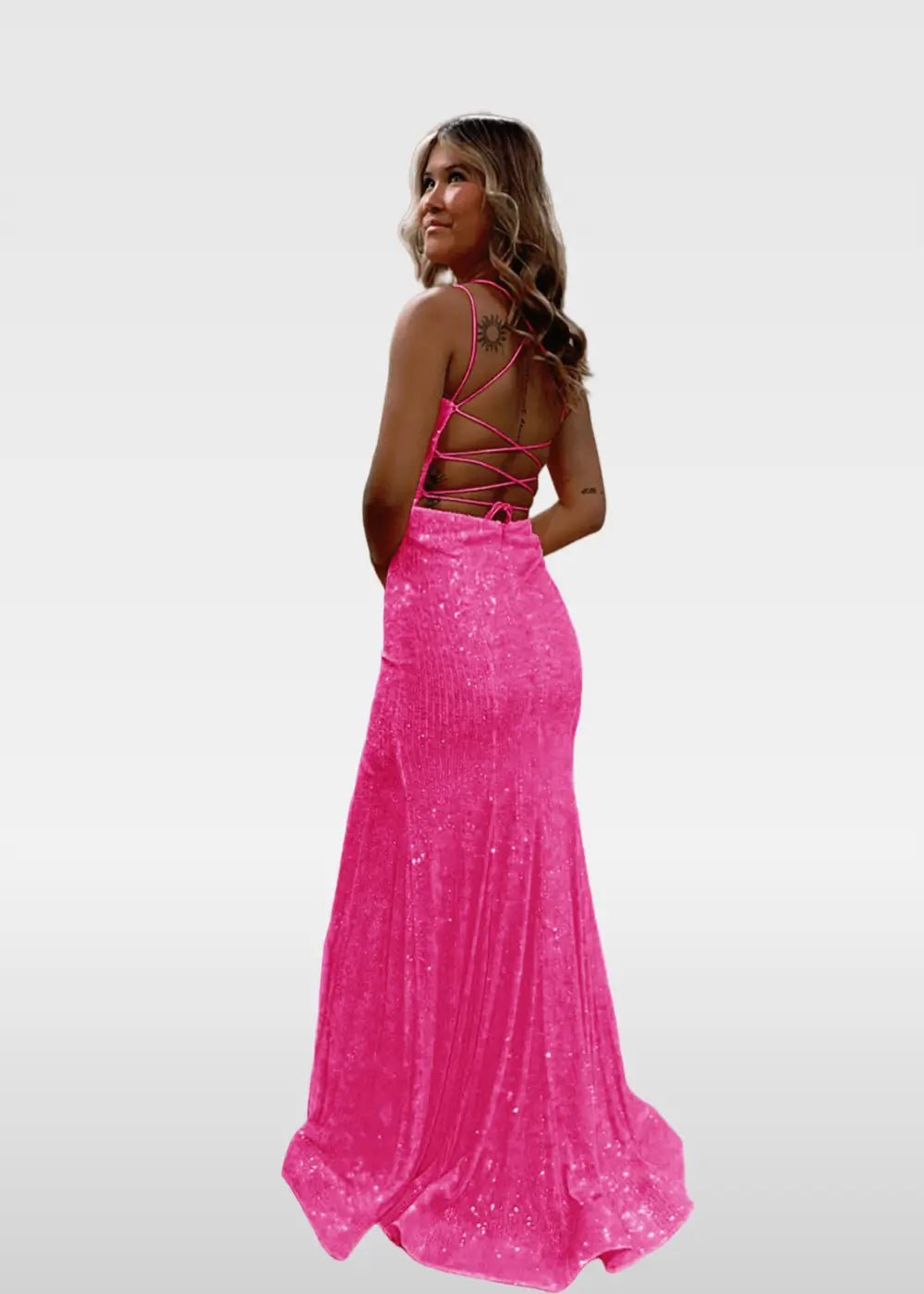 Elvira |Trumpet/Mermaid V - Neck Spaghetti Straps Ivory Sequins Long Prom Dress with Split Front - Fuchsia - US0 - PromDressClub