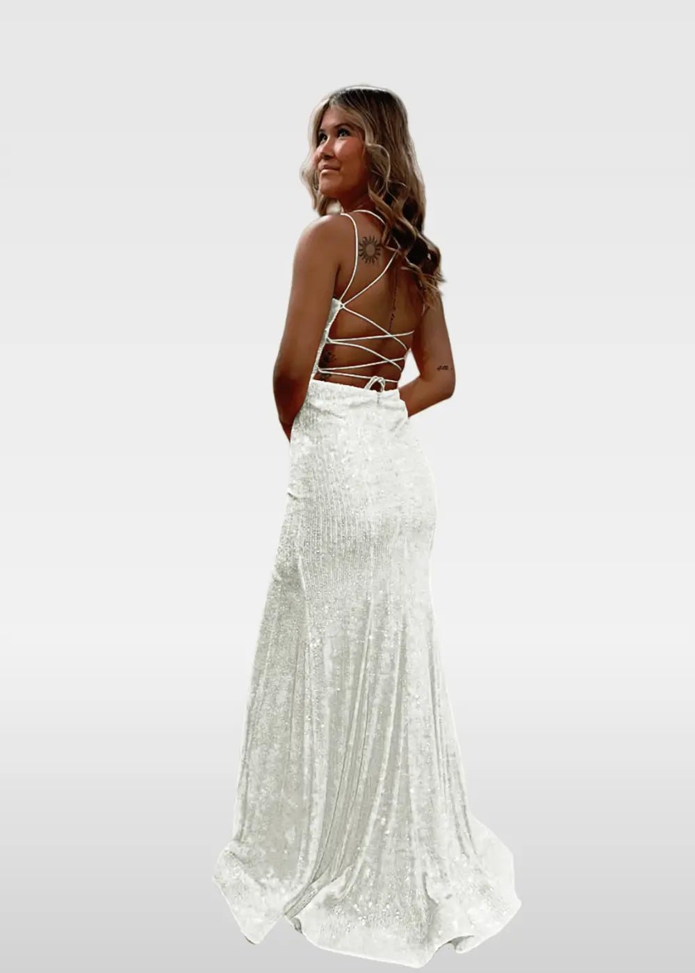 Elvira |Trumpet/Mermaid V - Neck Spaghetti Straps Ivory Sequins Long Prom Dress with Split Front - Ivory - US0 - PromDressClub