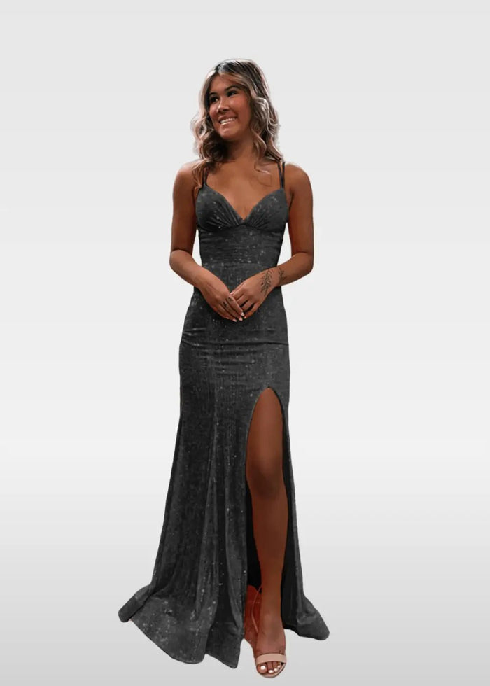 Elvira | Ivory and Orange Mermaid V Neck Prom Dress Royal Blue Sequin with Slit - Black - PromDressClub