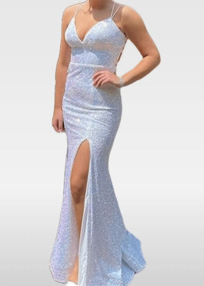 Elvira | Ivory and Orange Mermaid V Neck Prom Dress Royal Blue Sequin with Slit - Ivory - PromDressClub