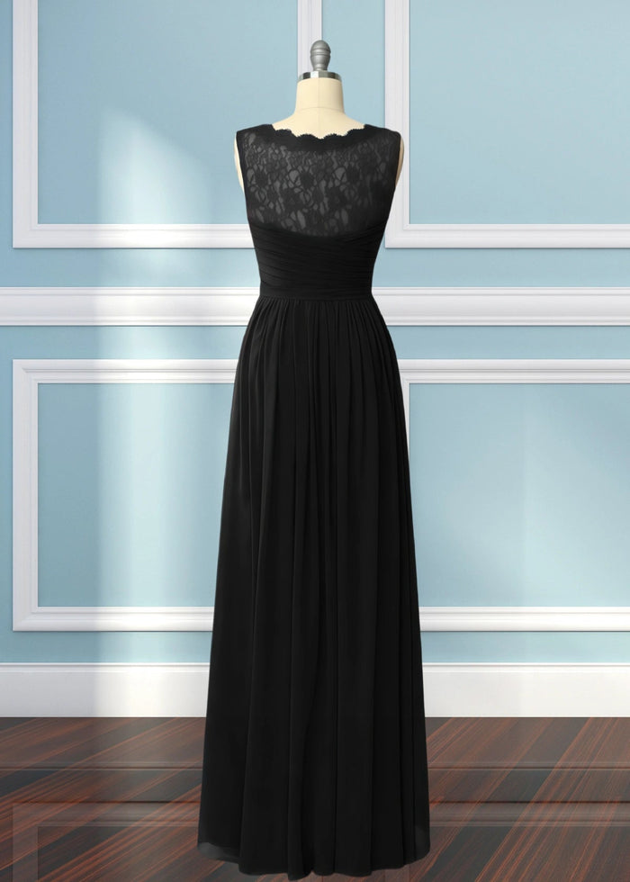 Ula | A Line Corset Lace Embroidered White Chiffon Long Bridesmaid Dress - Price #price_variant_lowest# - Black - PromDressClub