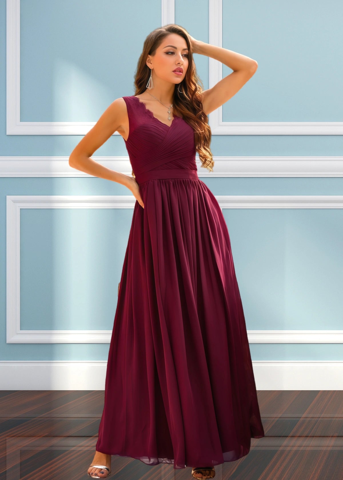 Ula | A Line Corset Lace Embroidered White Chiffon Long Bridesmaid Dress - Burgundy - PROMDRESS Club