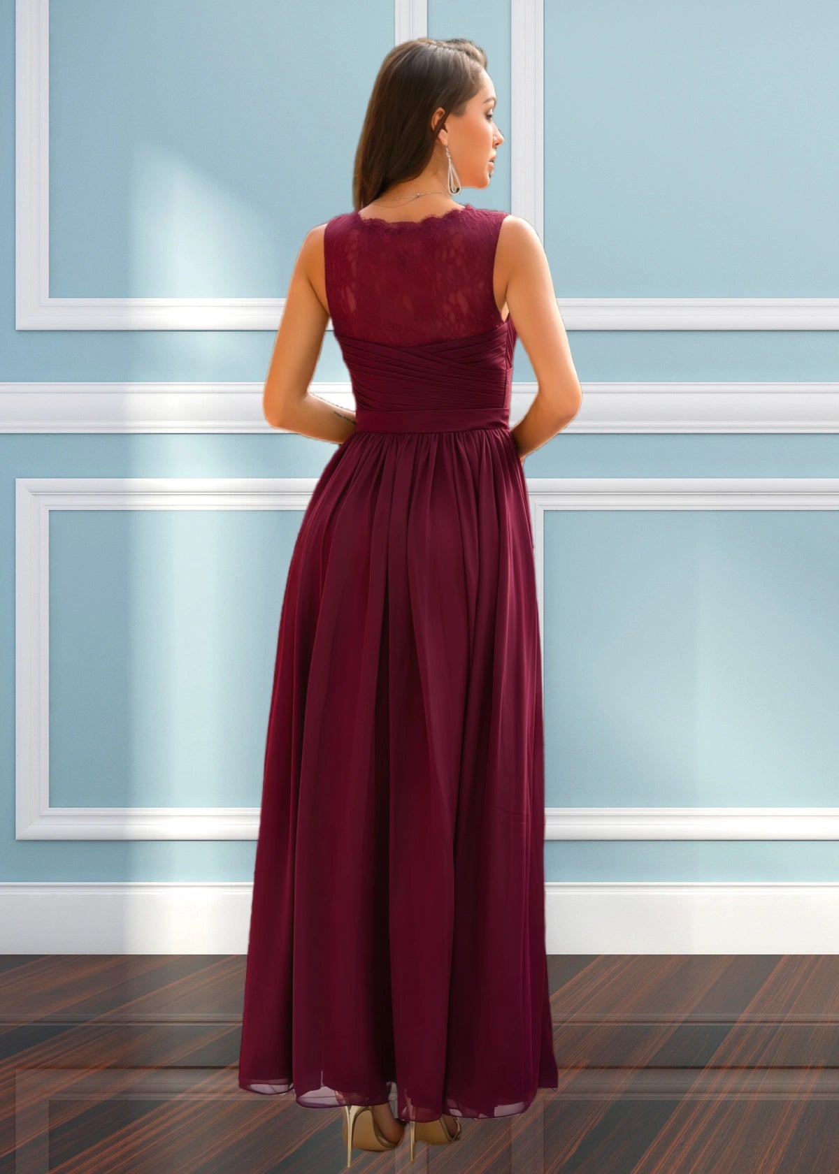 Ula | A Line Corset Lace Embroidered White Chiffon Long Bridesmaid Dress - Burgundy - PROMDRESS Club