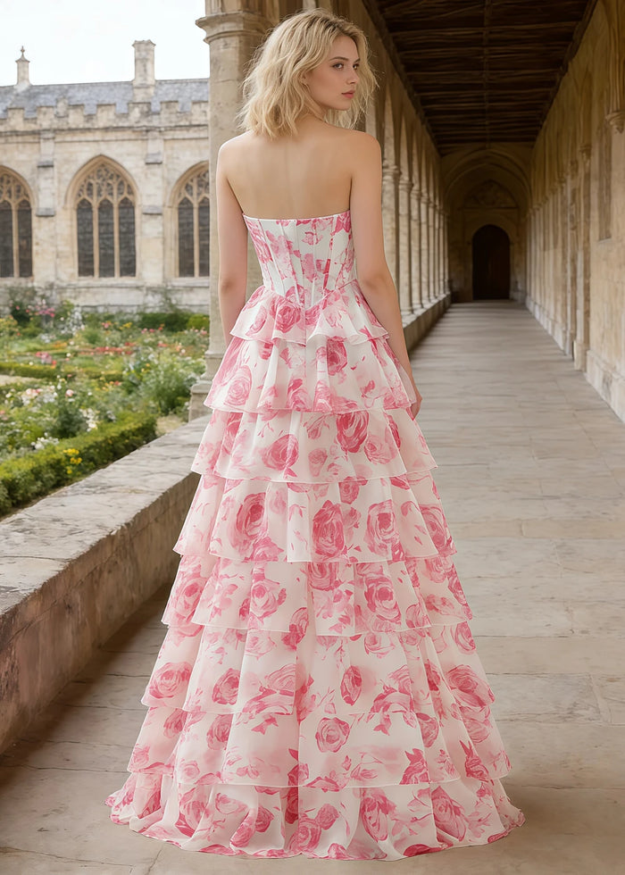 Una Rhinestones Pink Floral Ruffle Prom Dress | A - Line Strapless Corset Sweetheart Neckline Formal Dress with Slit - Pink Floral - PromDressClub