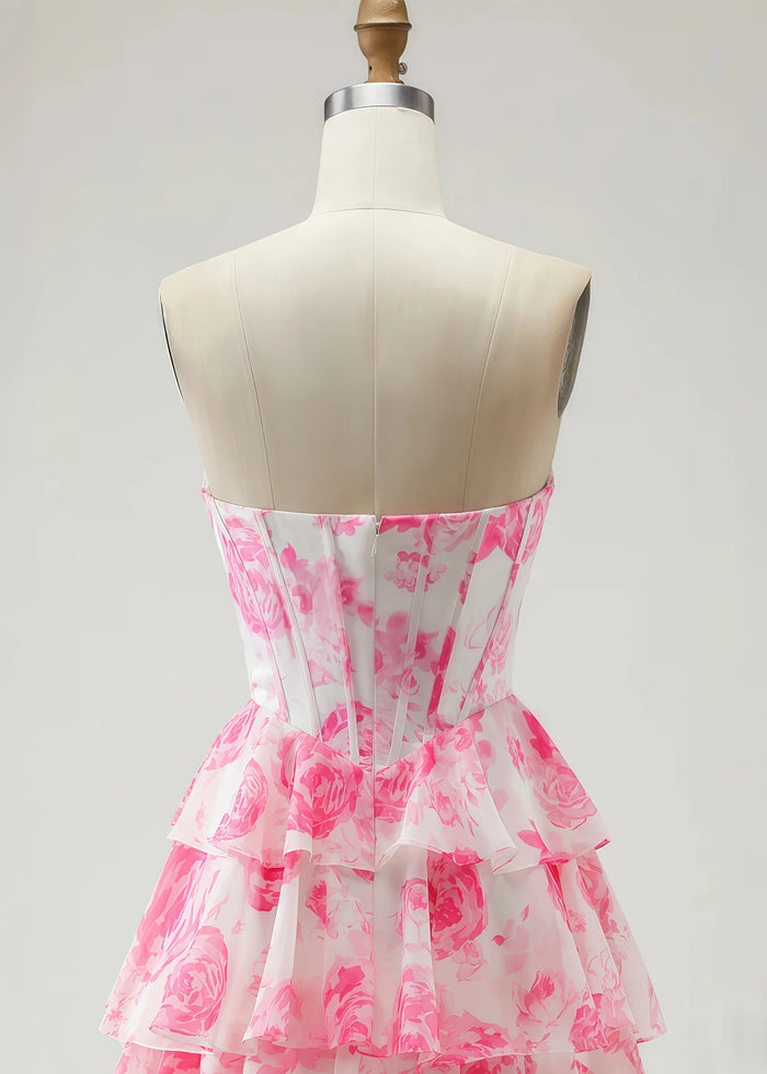 Una Rhinestones Pink Floral Ruffle Prom Dress | A - Line Strapless Corset Sweetheart Neckline Formal Dress with Slit - Pink Floral - PromDressClub