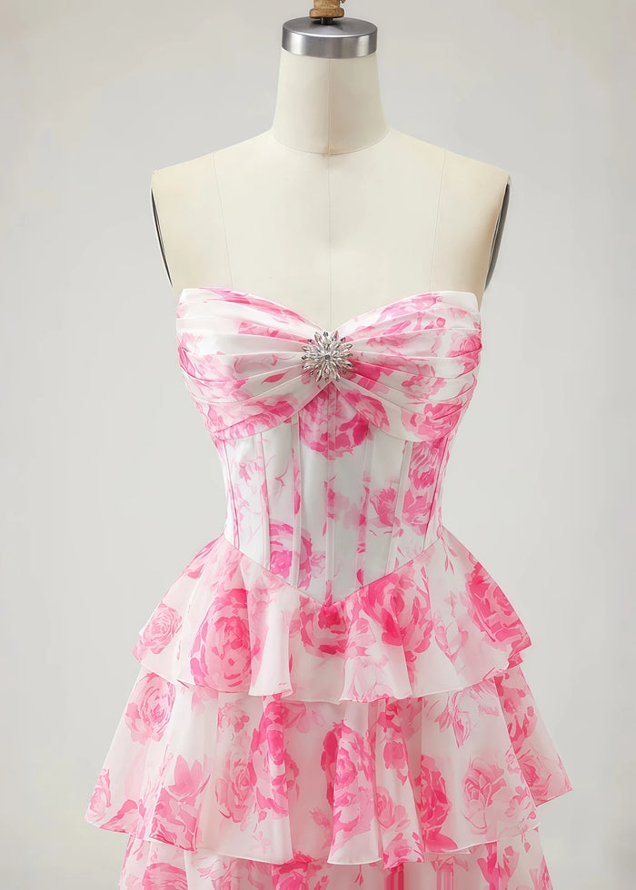 Una Rhinestones Pink Floral Ruffle Prom Dress | A - Line Strapless Corset Sweetheart Neckline Formal Dress with Slit - Pink Floral - PromDressClub