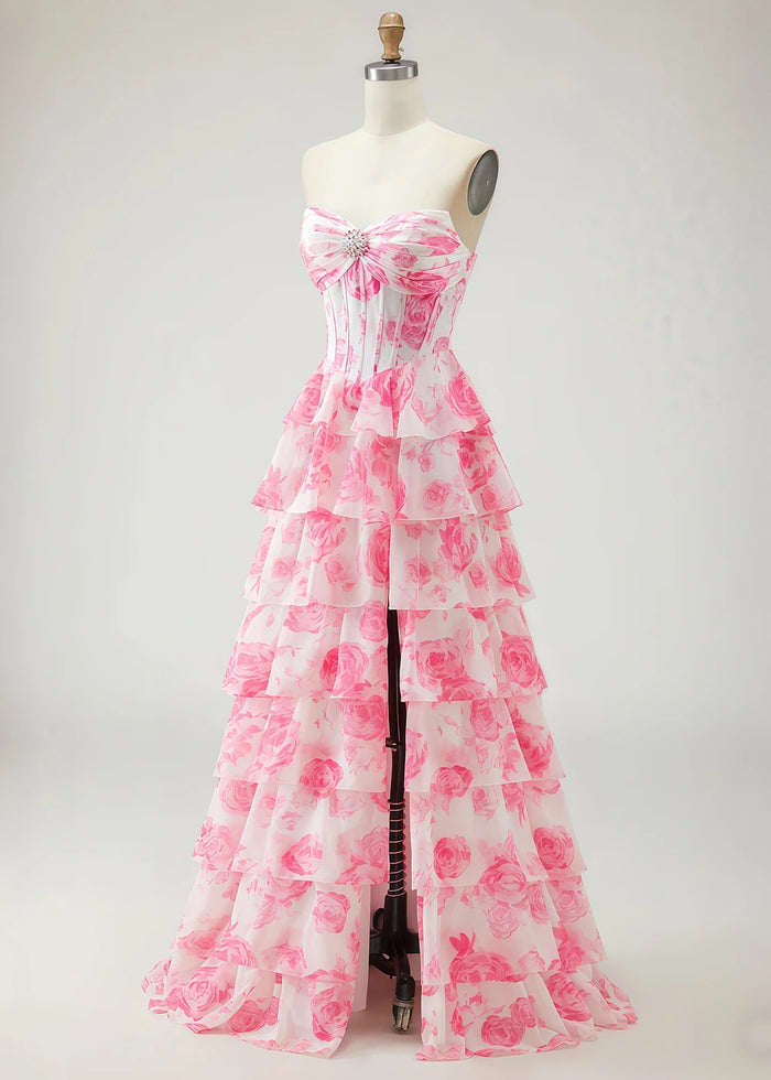 Una Rhinestones Pink Floral Ruffle Prom Dress | A - Line Strapless Corset Sweetheart Neckline Formal Dress with Slit - Pink Floral - PromDressClub