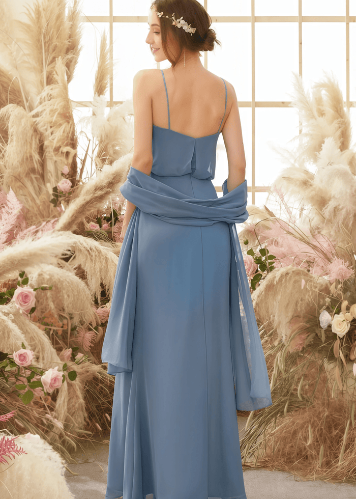 Una | Sheath Column Grey Blue Chiffon Long Bridesmaid Dress - Price #price_variant_lowest# - Grey Blue - PromDressClub