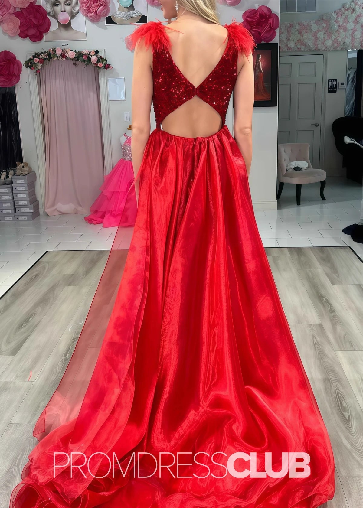 Ursula |Red Dress Prom Long Mermaid With V - Neck Sequin Feathers Cape - Red - PromDressClub