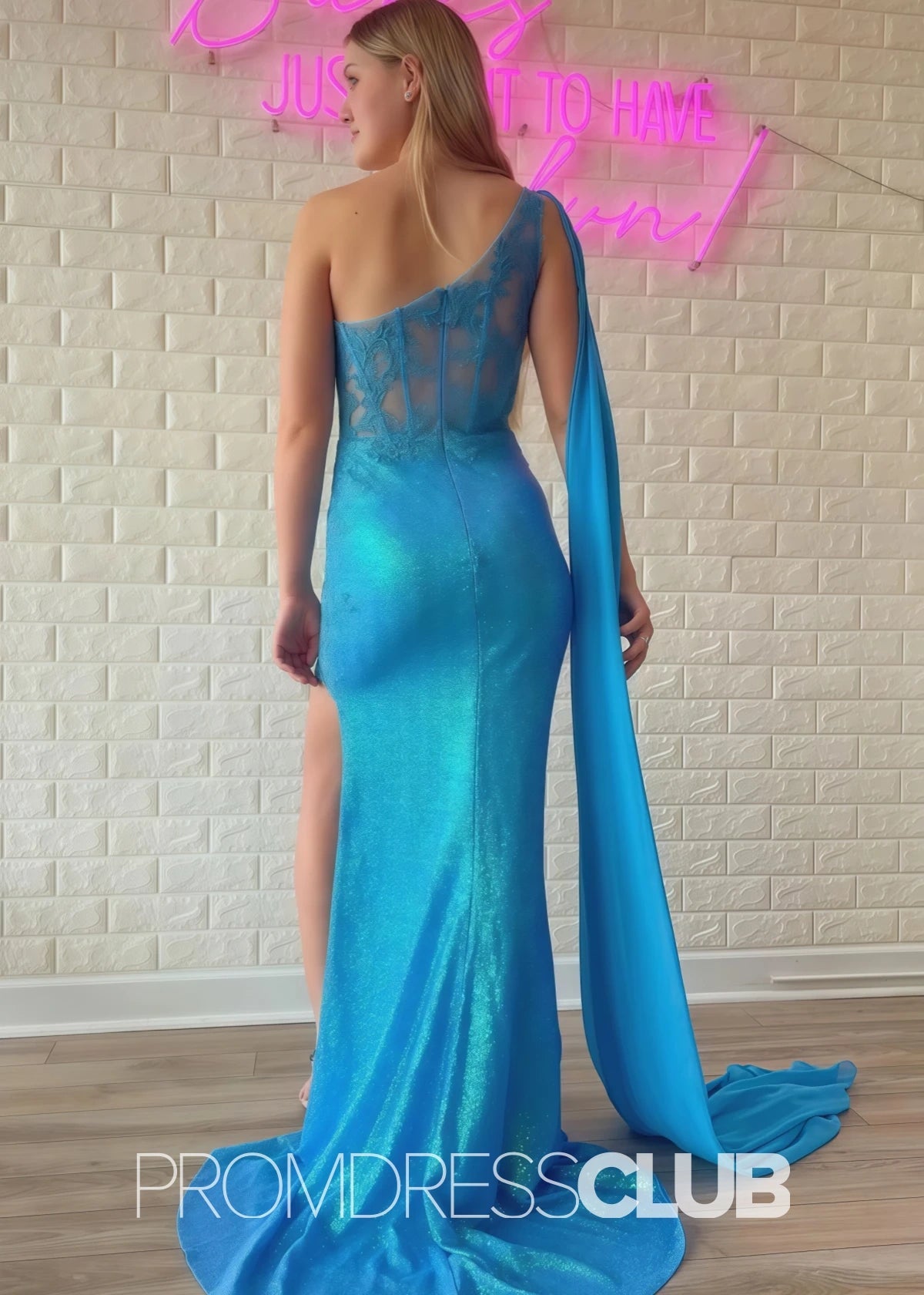 Valerie |Light Green Prom Dress Long Mermaid With Sequin Lace One - Shoulder Attached Train - Light Blue - PromDressClub