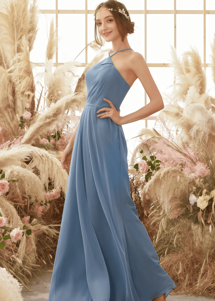 Vanessa | A Line Corset Grey Blue Chiffon Long Bridesmaid Dress - Price #price_variant_lowest# - Grey Blue - PromDressClub